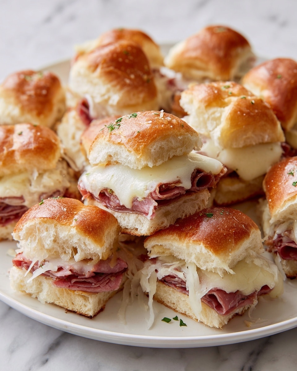 The image shows a plate full of small sandwich sliders arranged closely together on a white plate set on a white marbled surface. Each slider has three main layers: the top layer is a golden, toasted bread roll with a slightly glossy, crispy texture and some melted cheese browned on top. Below this is a soft, melted cheese layer that is creamy white, oozing slightly over the other layers. The middle layer is a stack of thinly sliced, reddish-pink deli meat with a smooth texture and neat folds. Underneath the meat, there is a layer of pale, shredded sauerkraut. The bottom layer is another piece of soft bread with a light brown crust. A small amount of chopped green herbs is sprinkled on top of the sliders for a touch of color. Photo taken with an iphone --ar 4:5 --v 7