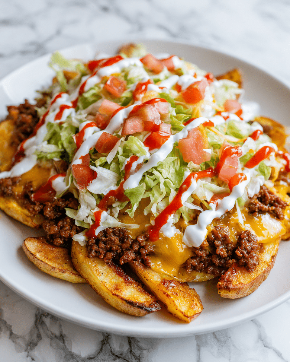 The dish is served on a white plate with a base layer of golden-brown potato wedges showing a crispy texture and slight charring. On top of the potatoes is a generous layer of cooked ground beef, browned and crumbly. Melted cheese, a mix of white and yellow, covers the meat, creating a gooey texture. Above this is a layer of shredded light green lettuce, fresh and crisp, mixed with small chunks of bright red tomato. The top is drizzled with smooth white sour cream and a vibrant red sauce in a zigzag pattern, adding color contrast. The plate sits on a white marbled surface. photo taken with an iphone --ar 4:5 --v 7