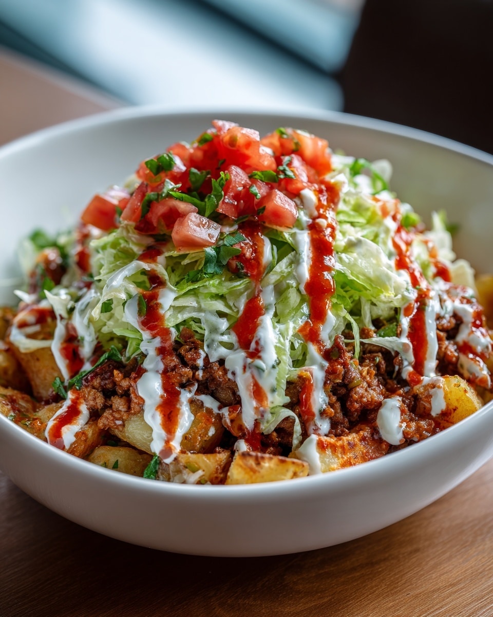 This dish is served in a white bowl and has several layers. The base layer is made of golden-brown cooked potato pieces with a slightly crispy texture. On top of the potatoes is a layer of browned ground meat with a crumbly texture. Above the meat, there is a generous layer of shredded light green lettuce, followed by scattered small, red tomato chunks. The dish is topped with two sauces drizzled over everything: a white creamy sauce and a bright red sauce, both spread in a zigzag pattern. photo taken with an iphone --ar 4:5 --v 7
