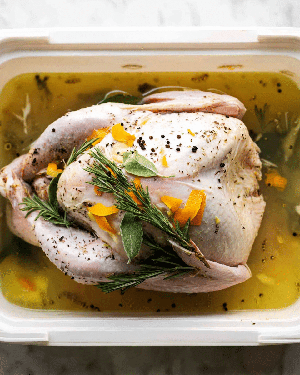 A raw whole turkey lies in a clear white container filled with a light yellow marinade. The turkey has pale skin covered with scattered black peppercorns, several small white garlic cloves, and green herbs like rosemary and bay leaves. Orange and yellow citrus peels rest on top and around the turkey. The scene is set on a white marbled surface, with the marinade spreading softly in the container, showing some bubbles and bits of herbs floating inside. Photo taken with an iphone --ar 4:5 --v 7