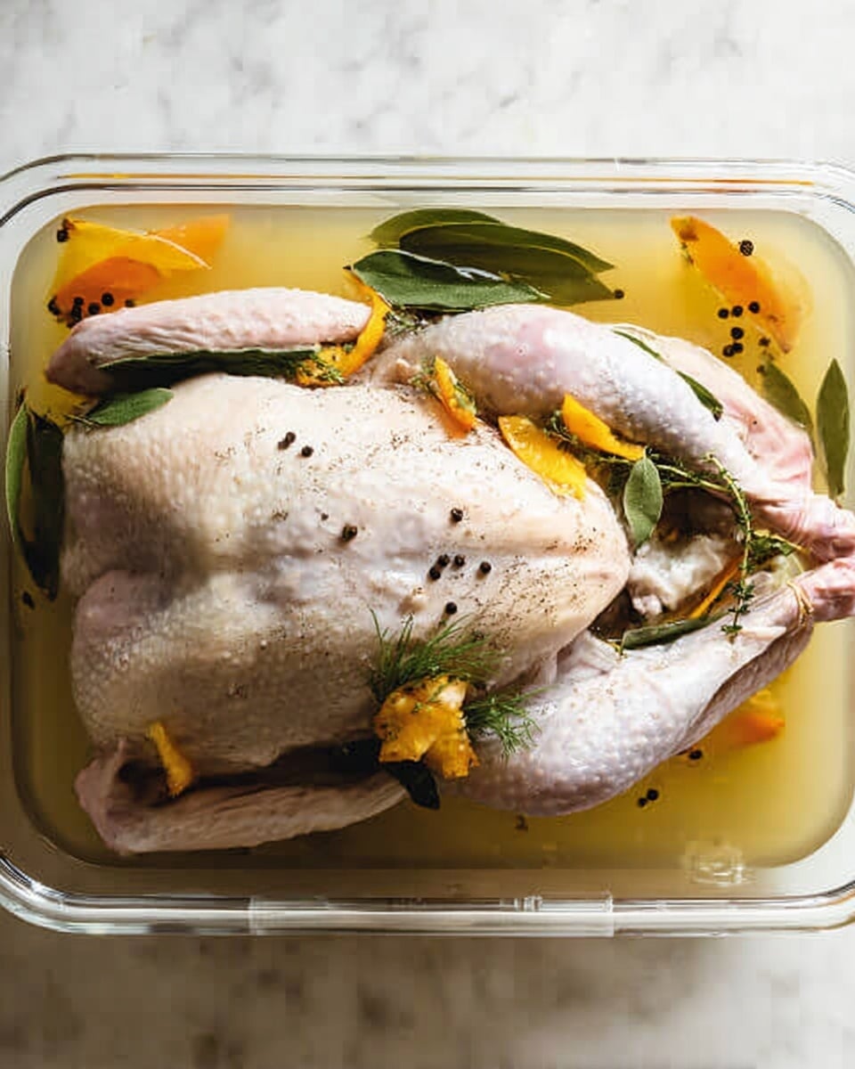 A whole raw turkey with pale, slightly bumpy skin lies in a clear rectangular container filled with a yellowish brine liquid. The turkey is placed on its back with the legs stretched out, and its surface is sprinkled with a few black peppercorns and several pieces of garlic. Bright orange and yellow citrus peels are scattered over the turkey along with dark green bay leaves and fresh green herb sprigs, adding texture and color contrast. The clear handles on each side of the container frame the bird, set against a white marbled surface. photo taken with an iphone --ar 4:5 --v 7