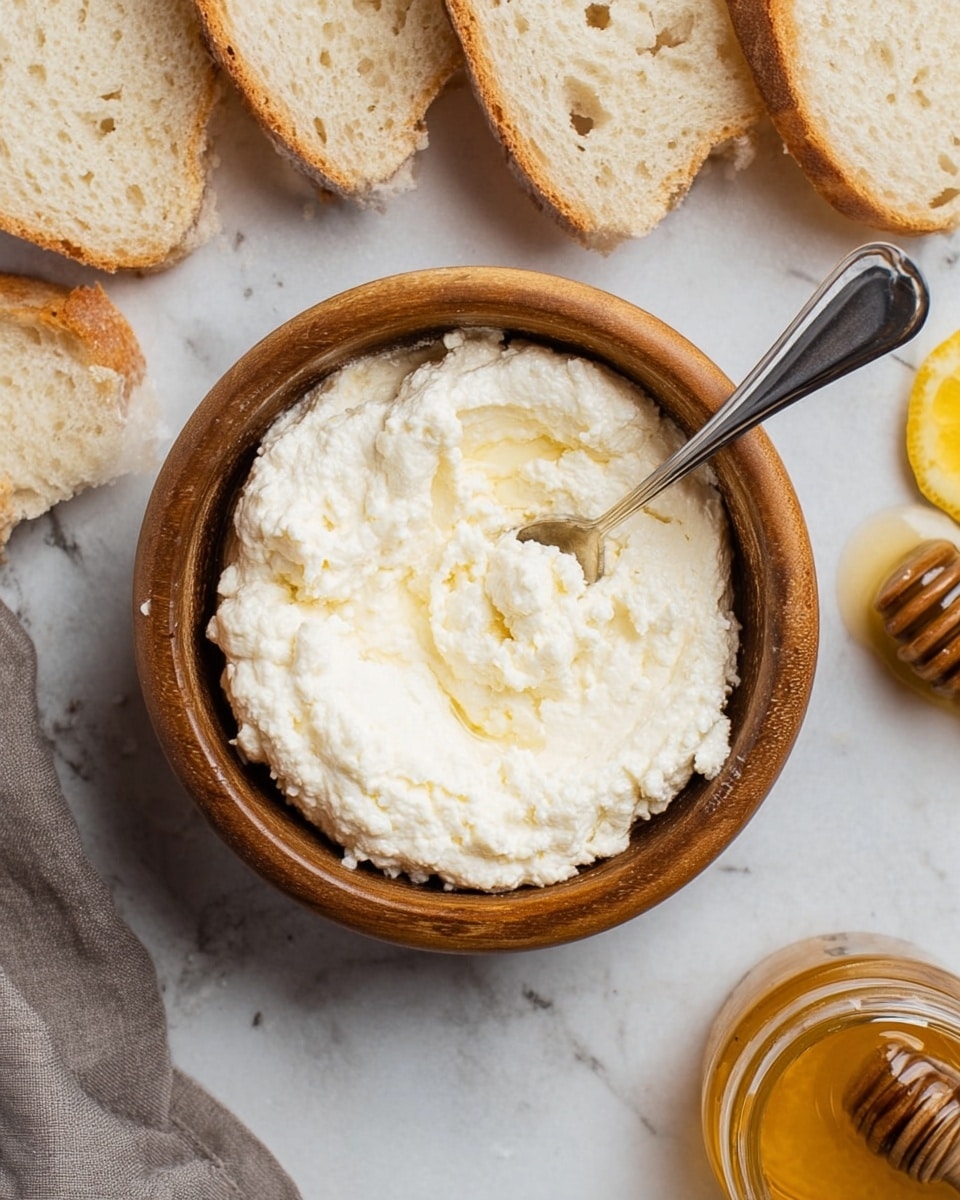 A wooden bowl filled with a thick, creamy white soft cheese with a slightly lumpy texture is placed at the center of a white marbled surface. A silver spoon rests inside the bowl, partially submerged in the cheese. Surrounding the bowl are slices of light beige bread with a porous texture, scattered casually. A small glass jar with golden honey and a honey dipper is visible in the bottom right corner. A piece of a gray cloth and a yellow lemon slice are also partially visible near the edges. Photo taken with an iphone --ar 4:5 --v 7