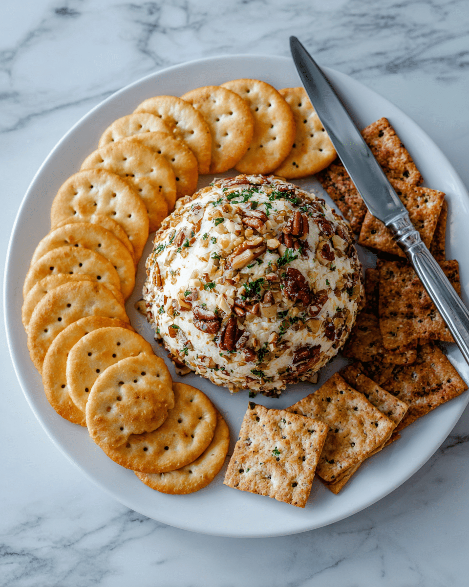 A white plate holds a dome-shaped cheese ball covered in chopped nuts, showing a mix of brown and beige with some green bits visible inside. The cheese ball is surrounded by three types of crackers arranged in neat arcs: round golden crackers with small holes, square light brown crackers with darker flecks, and another variety of darker rectangular crackers. A shiny silver knife rests on the plate's edge, slightly tucked under the crackers. The plate sits on a white marbled surface. photo taken with an iphone --ar 4:5 --v 7