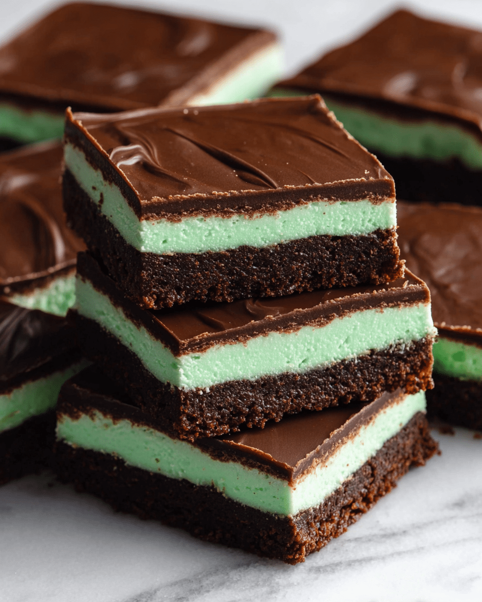 The image shows close-up square dessert bars stacked on a white marbled surface. Each bar has three layers: the bottom is a dark brown, crumbly brownie layer, the middle is a thin, smooth, pale green cream layer, and the top is a thick, glossy, rich chocolate layer with faint swirls. The bars appear moist and dense, with the green layer sharply contrasting between the two different chocolatey layers, emphasizing the neat, even cuts of the squares. The photo taken with an iphone --ar 4:5 --v 7