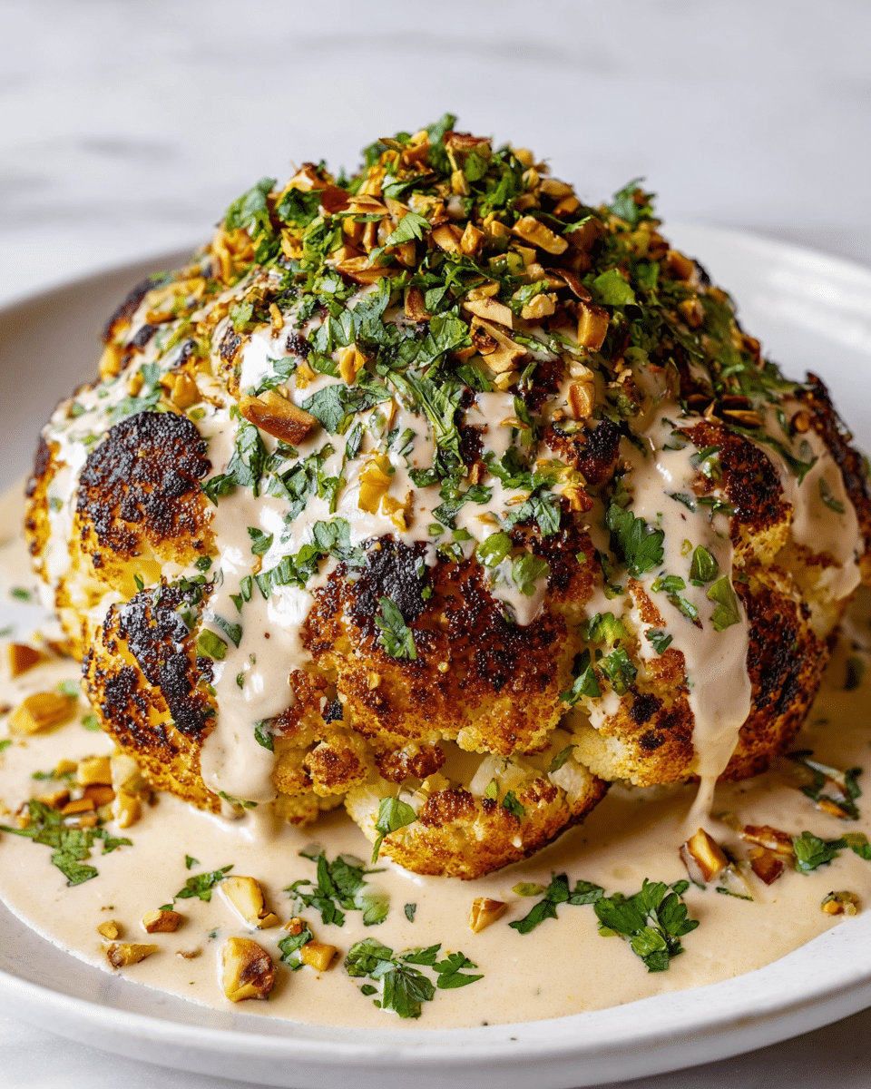 A whole roasted cauliflower with a golden-yellow color and charred dark spots on its surface sits on a white plate, topped with a creamy white sauce dripping down its sides. The cauliflower is garnished with chopped green herbs and scattered crushed pistachios for texture and color contrast. Visible charred onion slices rest underneath the cauliflower, adding depth to the presentation. The plate is on a white marbled texture, with a small cup in the background blurred out. Photo taken with an iphone --ar 4:5 --v 7