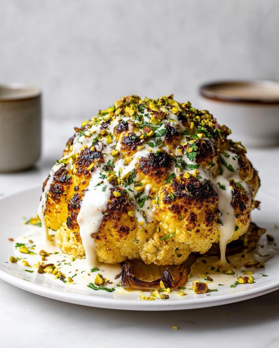 A roasted whole cauliflower with a golden brown char on the outside sits in the center of a white plate on a white marbled texture. The cauliflower is covered with a creamy beige sauce that drips slightly onto the plate. On top, there is a mix of chopped green herbs and crushed nuts, giving a fresh and crunchy texture contrast. Small little pieces of herbs and nuts are scattered around the plate, adding detail to the presentation. Photo taken with an iphone --ar 4:5 --v 7