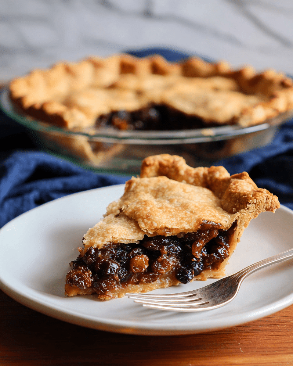 A slice of pie with a golden brown crust rests on a white plate, showing a thick, dark filling with plump raisins and a sticky texture just beneath the top crust. The crust has a slightly crimped edge on the left side, and the pie slice is set in the foreground with a fork placed near it on the plate. In the background, a whole pie in a clear glass dish is visible, with a similar crust and filling. The scene is set against a white marbled surface with a dark blue cloth partially visible on the left side. photo taken with an iphone --ar 4:5 --v 7