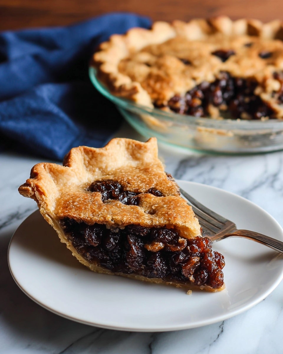 A slice of raisin pie sits in the middle of a white plate with a silver fork behind it. The pie has two layers: a top crust that is golden brown and slightly flaky, and a thick filling of dark brown raisins that look sticky and sweet, peeking out from the bottom edge. The crust edges are crimped and golden, with a few cracks showing the juicy filling inside. In the background, the rest of the pie is visible in a clear glass dish with the same golden crust and dark raisin filling. The plate is on a wooden surface with a blurred dark blue cloth nearby, all placed on a white marbled texture. photo taken with an iphone --ar 4:5 --v 7