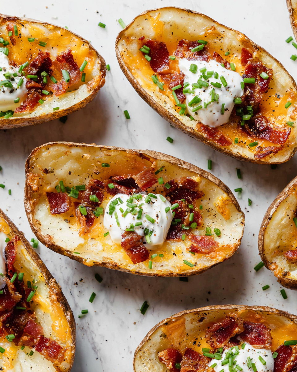 The image shows several potato skins arranged on a white marbled surface. Each potato skin is a brown crispy shell filled with three main layers: a golden melted cheese layer on top of the potato flesh, crispy bits of reddish-brown bacon scattered across the cheese, and a dollop of white sour cream placed in the center of each skin. The sour cream is topped with finely chopped green chives, and the entire dish is sprinkled lightly with black pepper and additional chives for decoration. Photo taken with an iphone --ar 4:5 --v 7