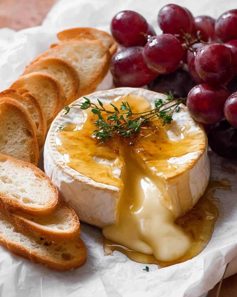 Baked Brie with Honey and Thyme served with Crostini and Grapes Recipe