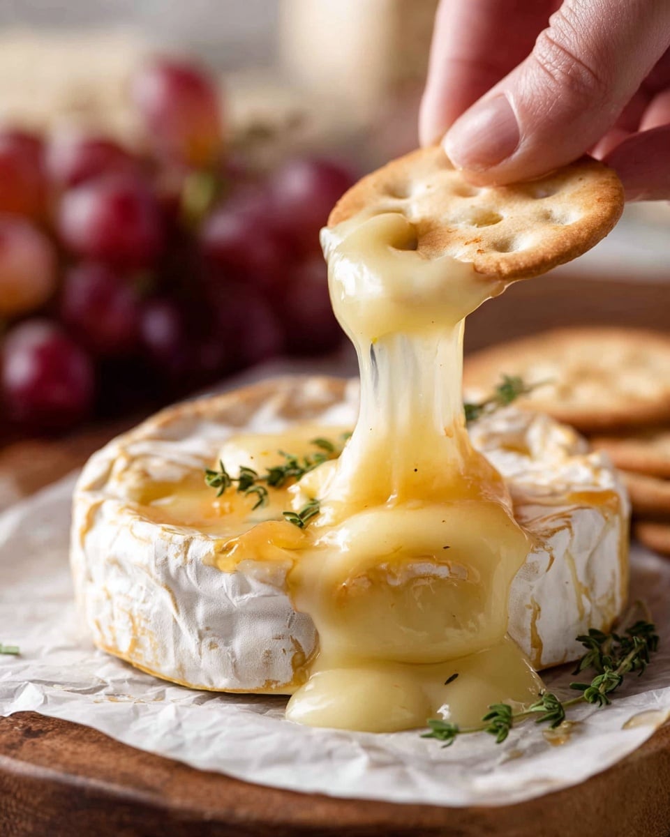 A wheel of soft white cheese with a slightly cracked, thin rind is placed on white parchment paper on a wooden surface. The top layer of the cheese is smooth and creamy, melting and oozing down the sides in a thick, glossy, pale yellow flow. A woman’s hand holds a thin round cracker with holes, dipping it into the melted cheese, pulling up a stretchy, gooey strand. A small green sprig of thyme rests on top of the cheese, and in the blurred background, there is a bunch of red grapes sitting on a white marbled surface photo taken with an iphone --ar 4:5 --v 7