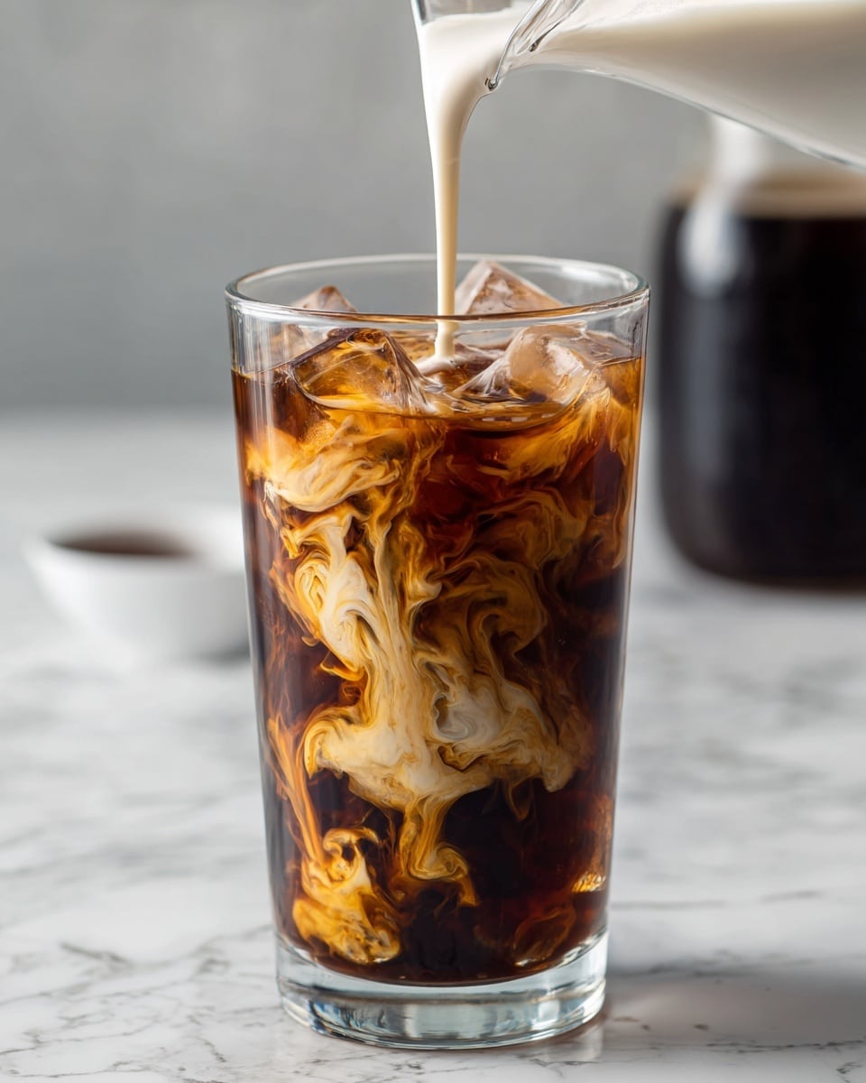 A tall clear glass filled with dark brown iced coffee and large transparent ice cubes is shown. Cream is being poured from above into the glass, creating swirling white patterns mixing with the dark coffee. The glass is on a white marbled surface, and a blurred dark container is in the background. The cream layer is thick and smooth, flowing down through the layers of coffee. Photo taken with an iphone --ar 4:5 --v 7