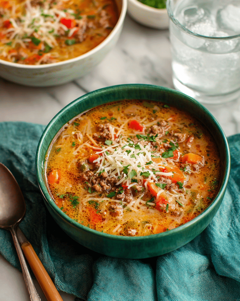 A bowl full of colorful soup shows a mix of ground meat, red and orange bell peppers, chunks of tomato, onion pieces, and small grains of rice, all cooked in a rich, red broth. On top, there is a melted layer of white cheese that stretches slightly as a spoon lifts a portion, revealing some fresh green chopped herbs sprinkled over the cheese and soup. The bowl is white and sits on a surface with a white marbled texture. Photo taken with an iphone --ar 4:5 --v 7