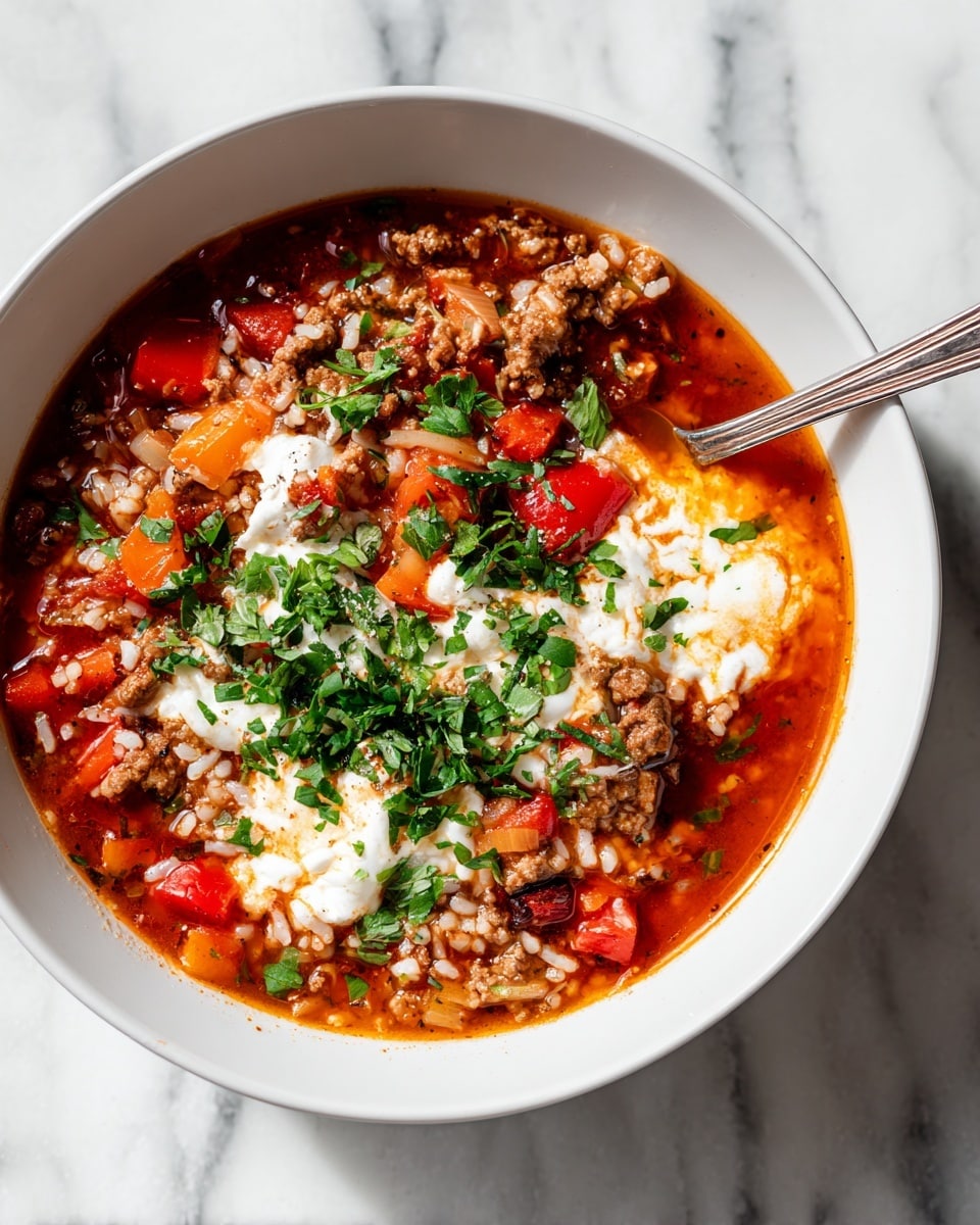 A green bowl filled with a thick soup that has visible layers including a base of orange and red broth, chunks of cooked ground meat, and pieces of orange carrots and red and green bell peppers. On top, there is a melting layer of shredded white cheese sprinkled with chopped green herbs. The bowl sits on a white marbled surface next to a folded teal cloth and a clear glass of water with ice. Nearby is a white bowl with more soup in the background and a silver spoon with a light brown handle resting beside the bowl photo taken with an iphone --ar 4:5 --v 7