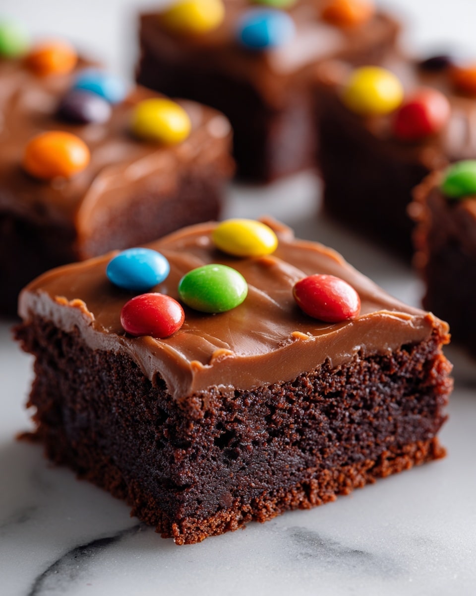 The image shows a close-up of square chocolate brownies cut into pieces on a white marbled surface. Each brownie has two clear layers: a thick, dark brown, moist cake layer as the base and a smooth, glossy, medium brown chocolate frosting on top. The frosting is decorated with small, round candy pieces in bright colors like yellow, orange, red, green, blue, and purple scattered across the surface randomly. The brownies are spaced out, and the focus is on one piece in the center with clean, straight edges. Photo taken with an iphone --ar 4:5 --v 7