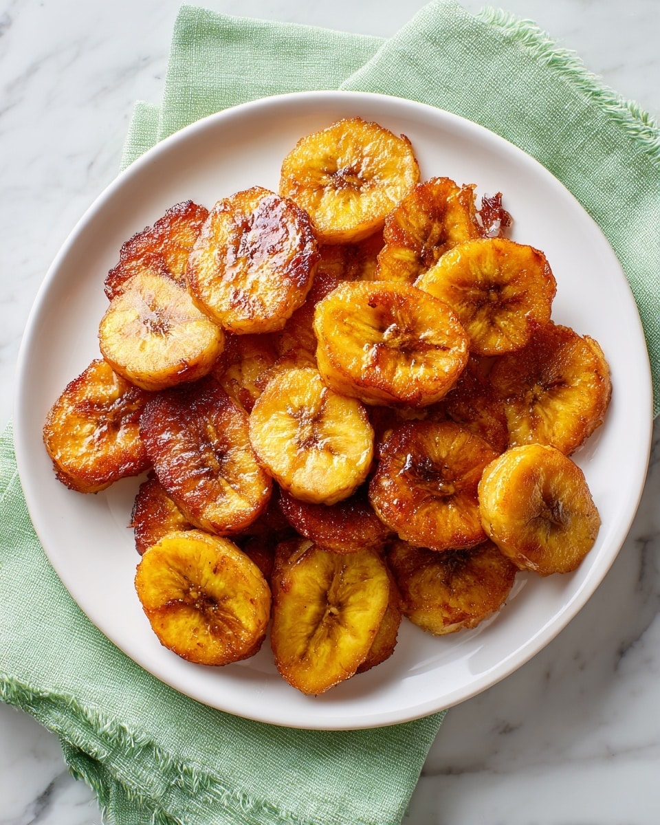 A white plate holds a single layer of golden-brown fried plantains, each slice thick and glossy with a cooked caramelized surface showing slight crispy edges and soft, tender centers. The plantains are cut into round and diagonal pieces, arranged casually, showcasing tones of rich amber and light yellow. The plate sits on a folded light green cloth, all placed on a white marbled surface. photo taken with an iphone --ar 4:5 --v 7
