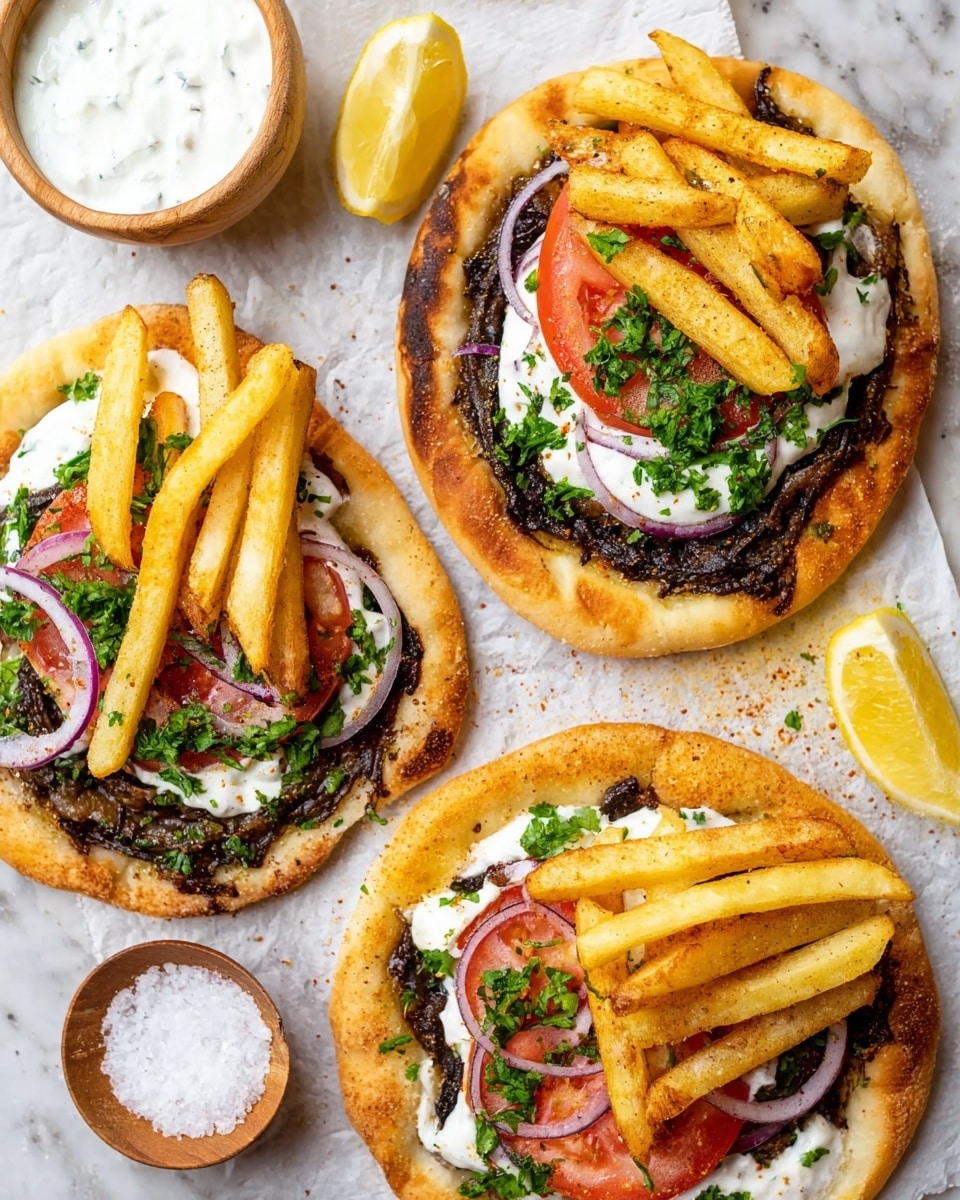 Three small, round flatbreads with golden brown, slightly crispy edges sit on a white marbled surface. Each flatbread has a base layer of dark olive tapenade spread unevenly, topped with a smooth dollop of white creamy sauce. Thin slices of red tomato and thinly sliced purple onion rest on the sauce, sprinkled with bright green chopped parsley. On top of each flatbread is a small stack of thick, golden fries seasoned with spices. Two lemon wedges with visible juicy texture are placed nearby, along with a white bowl containing a yogurt-based sauce and a small wooden bowl filled with coarse salt. The photo taken with an iphone --ar 4:5 --v 7