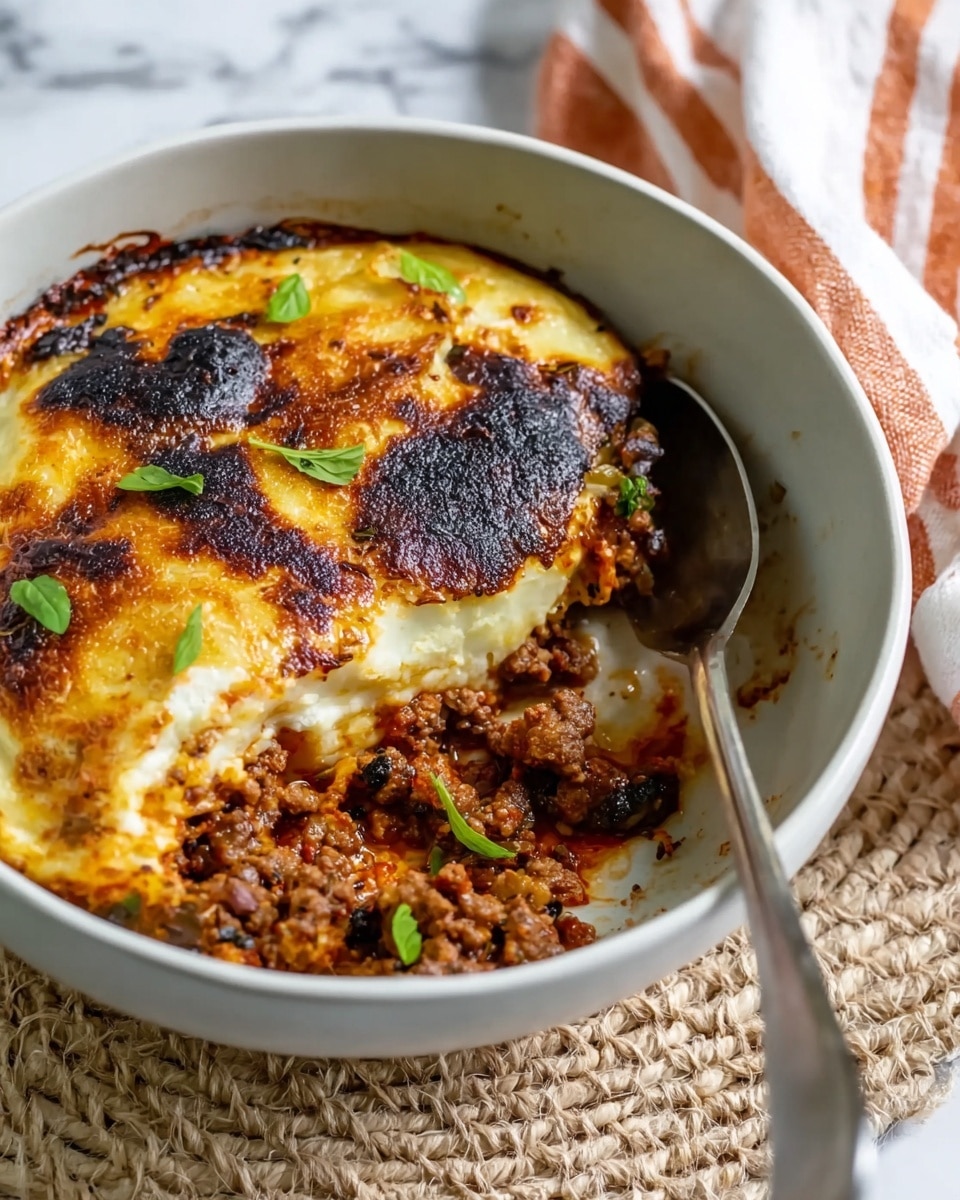 A white bowl holds a layered dish with a browned, slightly burnt top layer of creamy texture showing golden and dark charred spots; underneath, a rich reddish-brown minced meat layer is visible, chunky with small bits of green garnish scattered on top; a shiny metal spoon rests inside the bowl on the right side, and a white marbled surface with a textured woven mat beneath the bowl is partially visible around it, along with a cloth with orange stripes in the upper right corner; photo taken with an iphone --ar 4:5 --v 7