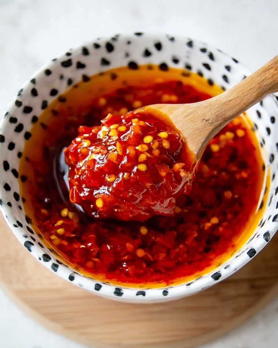A close-up view of a white bowl with black dots filled with a chunky, bright red chili oil mixture. The top layer is a glossy, oily red with visible bits of crushed chili peppers and seeds floating in the thick sauce. A wooden spoon inside the bowl scoops up the textured chili mixture, showing its thick, oily, and vibrant red-orange color with small yellow chili seeds scattered across. The bowl sits on a white marbled surface. photo taken with an iphone --ar 4:5 --v 7