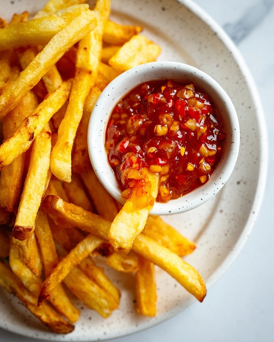 A close-up view of thick golden french fries on a white speckled plate, with one fry dipped into a small white bowl filled with chunky red chili sauce that has visible bits of red pepper and chili flakes, showing a glossy and textured surface. The plate rests on a white marbled texture background, highlighting the crispy fries and vibrant sauce colors, photo taken with an iphone --ar 4:5 --v 7