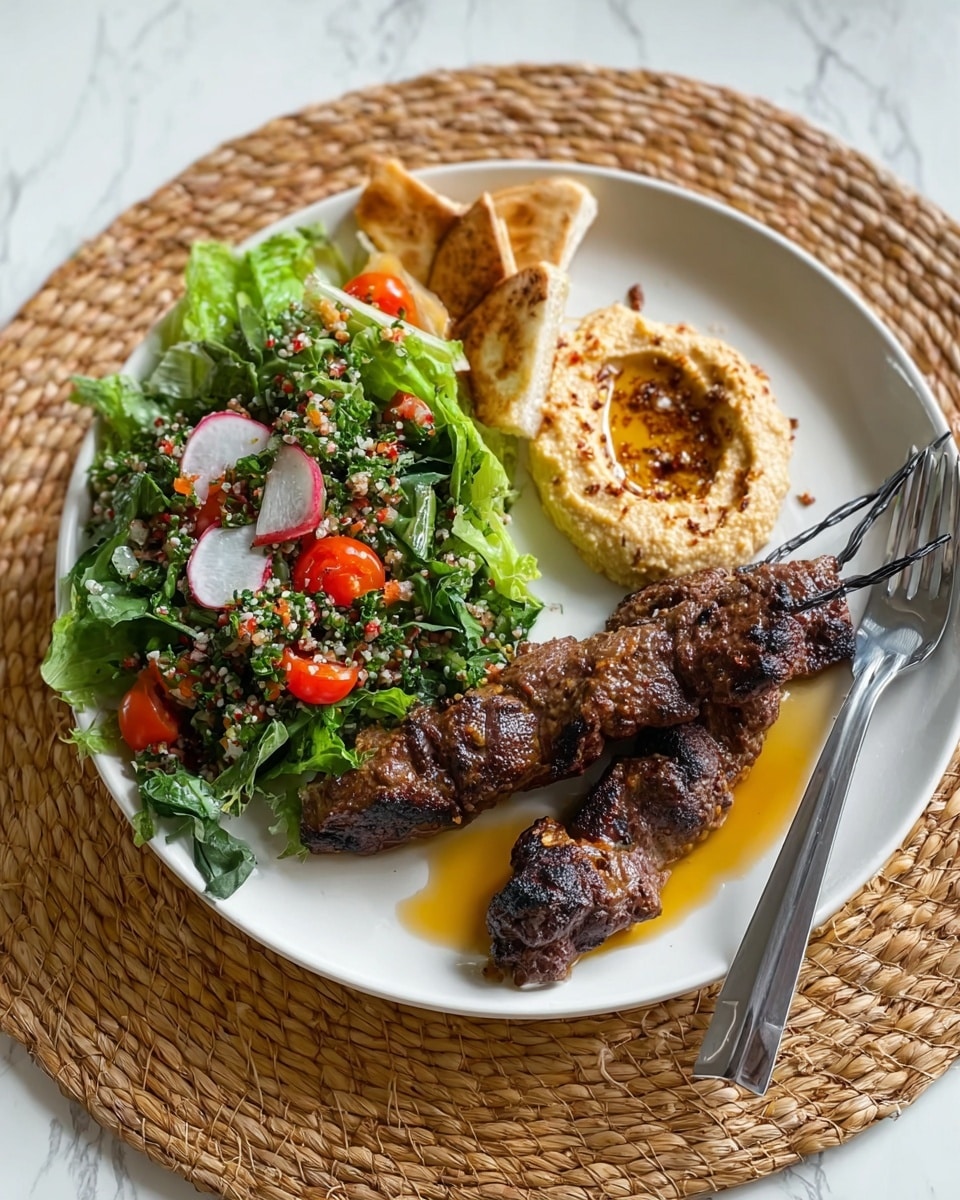 A white plate sits on a round woven mat with two skewers of grilled dark brown meat placed on the right side, resting in a small pool of golden oil. Above the meat is a dollop of creamy beige hummus sprinkled lightly with spices. To the left side, there is a colorful salad made of bright green lettuce leaves, red cherry tomatoes, radish slices, small pieces of grilled pita bread, and a heap of fresh tabbouleh with chopped tomatoes, parsley, and grains. A silver fork is positioned to the right of the plate on the mat. The setting is on a white marbled surface. Photo taken with an iphone --ar 4:5 --v 7