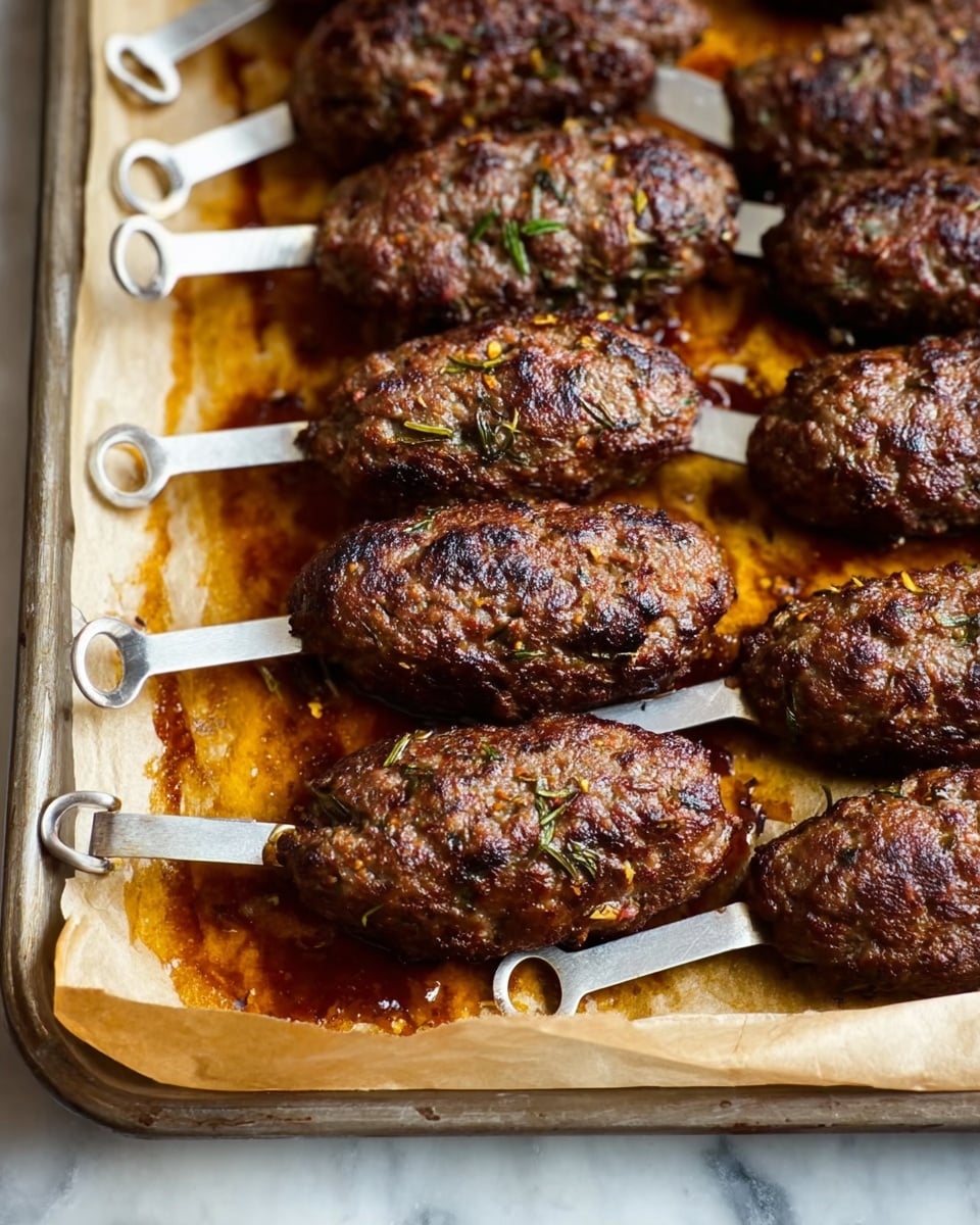 The image shows several oval-shaped grilled meat kebabs threaded onto metal skewers, arranged in two rows on a baking tray lined with parchment paper. Each kebab is dark brown with a rough, textured surface, showing bits of herbs and spices embedded in the meat. The tray underneath is stained with meat juices and some oil, giving a glossy amber shine on the parchment. The skewers have flat handles with a small loop at the end. The background is a white marbled texture. Photo taken with an iphone --ar 4:5 --v 7