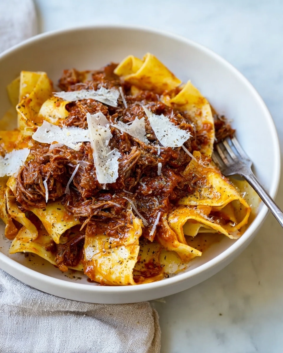 The dish shows wide, flat layers of pasta with a light golden color and a slightly rough texture, layered irregularly in the bottom half of a white bowl. On top, there is a chunky, rich red-brown meat sauce with visible pieces of shredded meat and a glossy look. Scattered over both pasta and sauce are thin, white shreds of cheese, and a light sprinkle of black pepper. A silver fork rests on the side of the bowl, partially on the pasta. The bowl sits on a white marbled surface with a soft cloth visible at the edge. Photo taken with an iphone --ar 4:5 --v 7