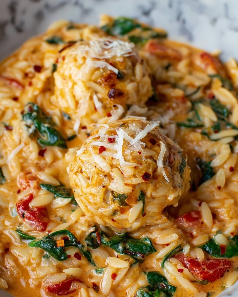 The image shows a close-up of a dish with two round, golden-brown balls sitting on top of a creamy bed of orzo pasta. The orzo is cooked to softness, mixed with small pieces of red tomatoes and bright green spinach leaves, giving the dish a colorful look. The surface of the balls is coated with bits of orzo and is topped with a small sprinkle of shredded white cheese. The creamy sauce binds everything together with a warm orange hue, and there are tiny specks of red pepper flakes scattered throughout for added texture and color. The dish is set against a white marbled background. photo taken with an iphone --ar 4:5 --v 7