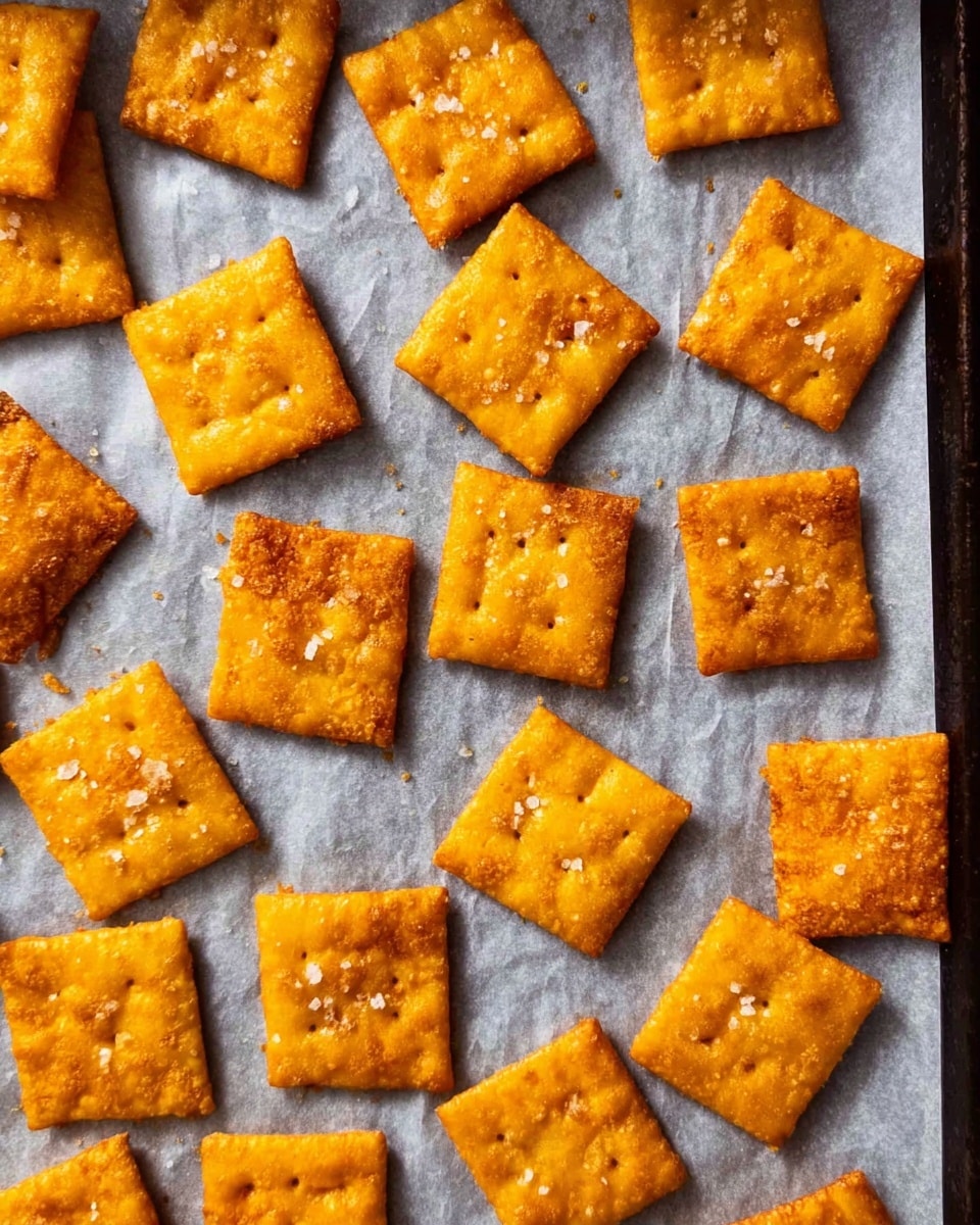 The image shows a single layer of baked square crackers scattered on white parchment paper. Each cracker is golden orange with a slightly crispy texture and small white salt crystals sprinkled on top. Some crackers have a lightly browned edge, giving a toasted look. The crackers are evenly spaced on a dark baking tray, and the white marbled texture is visible around the edges of the tray. The photo is close-up and focused on the crackers’ rough surface. photo taken with an iphone --ar 4:5 --v 7