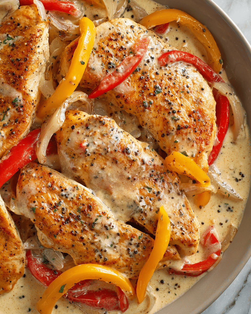 The image shows a cast iron skillet filled with several pieces of cooked chicken breast, golden brown with some char marks, layered in a creamy light tan sauce. Among the chicken slices are thin strips of bright red bell pepper and small rings of yellow pepper, all mixed into the sauce. The creamy sauce has a smooth texture with small bits of cooked onions scattered around. A silver spoon lifts one piece of chicken, coated in the sauce and mixed with peppers, and the background is a white marbled surface. Photo taken with an iphone --ar 4:5 --v 7