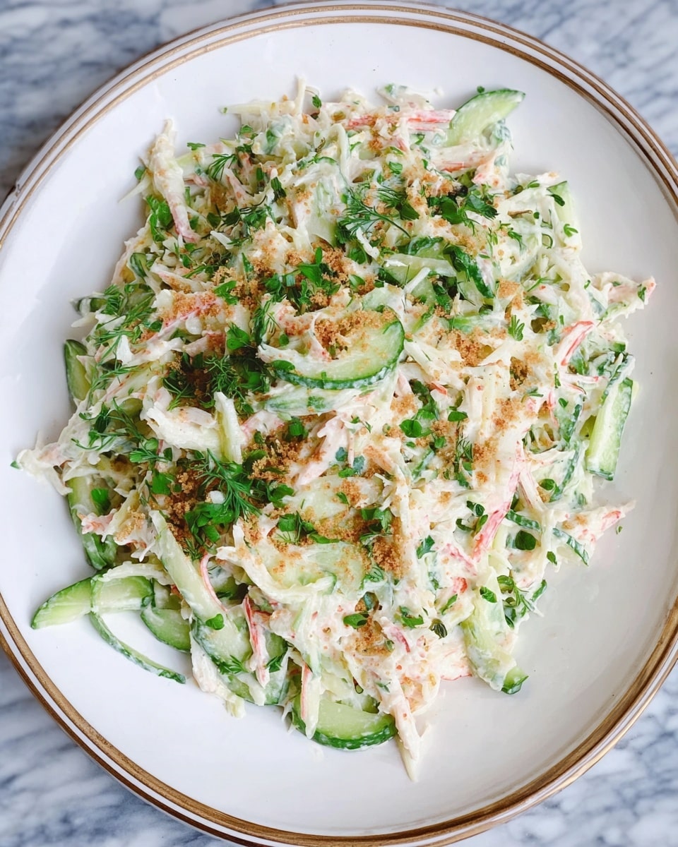 A clear bowl filled with a mix of thin shredded vegetables, including light green cucumber strips and pale white and orange strands that look like crab sticks or similar seafood, all coated with a light creamy dressing. On top, there is a sprinkle of finely grated white cheese or crumbs along with small pieces of fresh green herbs scattered throughout. The bowl sits on a white marbled surface, with a soft natural light highlighting the textures of the salad. photo taken with an iphone --ar 4:5 --v 7