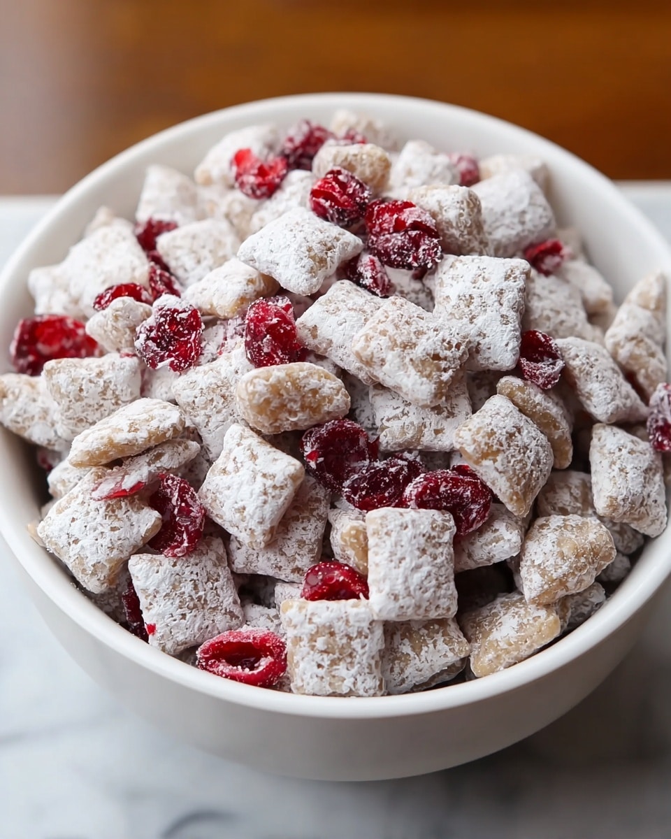 A white bowl filled with many small square cereal pieces covered in powdered sugar, mixed with bright red dried cranberries scattered evenly throughout the bowl. The cereal pieces have a light brown color visible under the powdered sugar, giving a rough texture, while the cranberries add a glossy, smooth contrast. The bowl is placed on a white marbled surface, and the image is taken with a shallow depth of field, focusing closely on the top and middle of the bowl. photo taken with an iphone --ar 4:5 --v 7