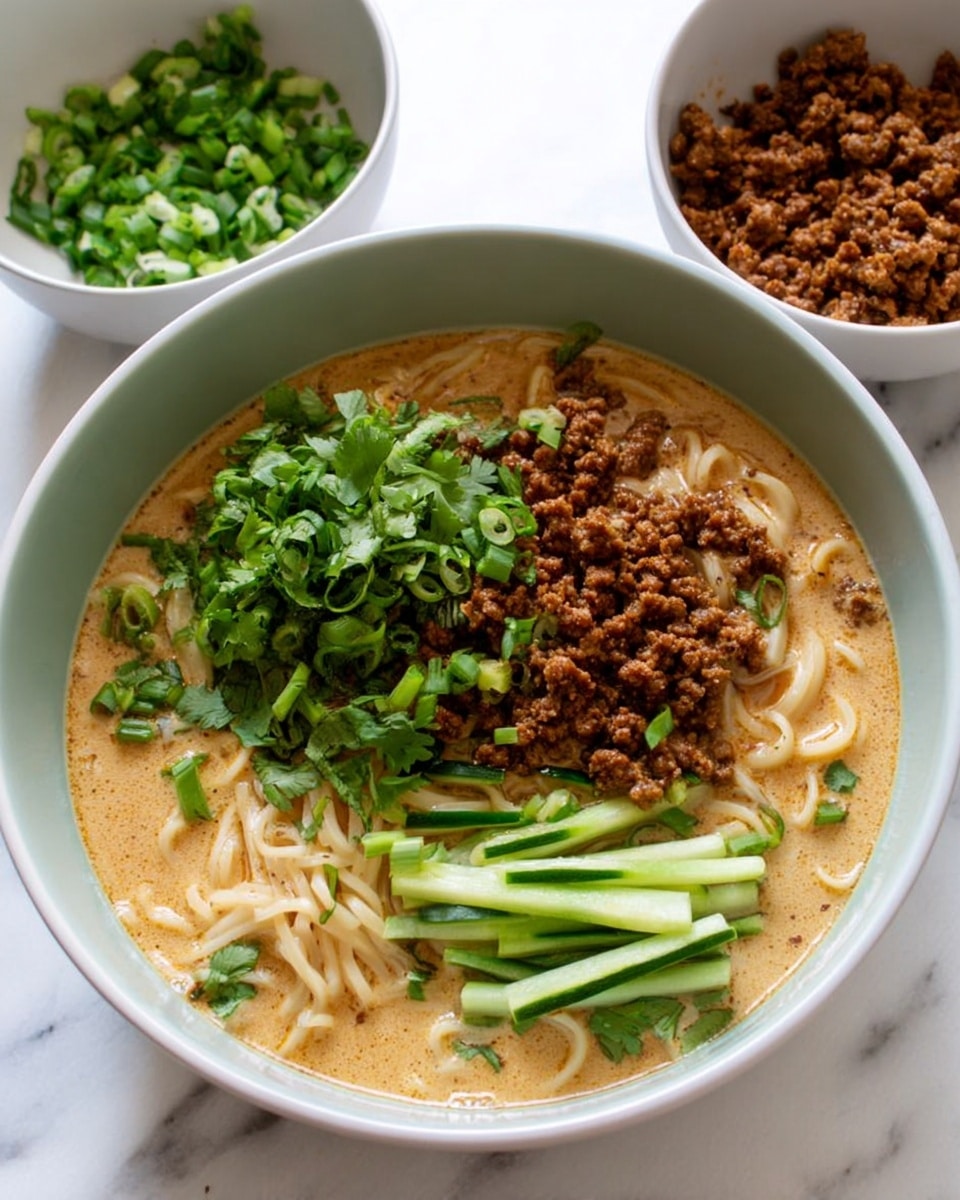 A white bowl filled with a creamy light brown soup base with thin noodles arranged at the bottom layer, topped with crumbled brown cooked meat scattered in the center, thin bright green cucumber sticks on the right, chopped green onions on the left, and fresh cilantro leaves sprinkled on top. Behind the bowl, two small white bowls hold more chopped green onions and cilantro on the left and more cooked meat on the right, all set against a white marbled surface. Photo taken with an iphone --ar 4:5 --v 7