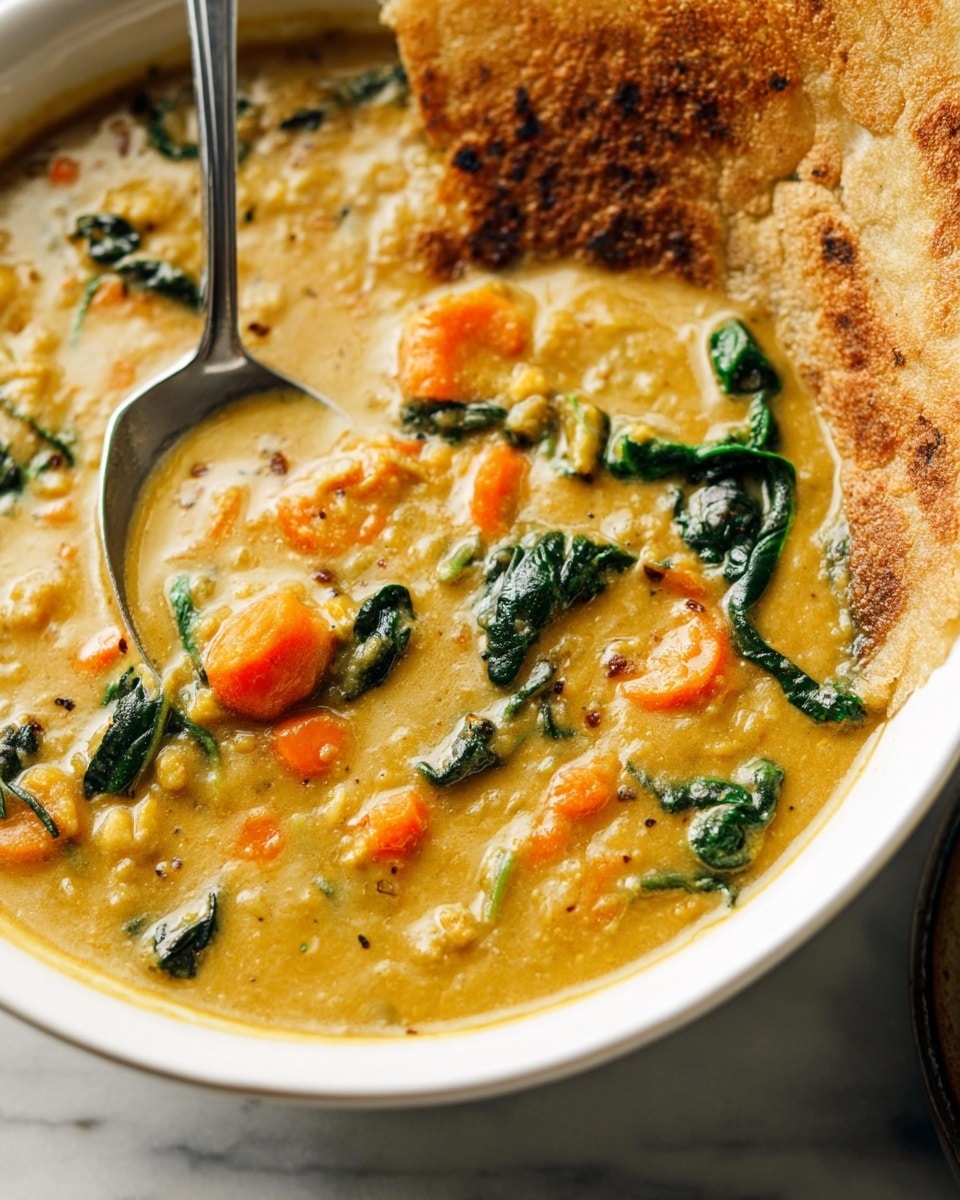 A close-up view of a white oval bowl filled with a thick, creamy soup that has a yellow-brown color, dotted with small bright orange carrot pieces and dark green leafy vegetables scattered throughout. A textured golden-brown crispy flatbread is placed partially submerged on the right edge of the bowl. A silver spoon rests inside the bowl on the left side, stirring the soup, showing bits of the soup clinging to it. The bowl is set on a white marbled surface. photo taken with an iphone --ar 4:5 --v 7