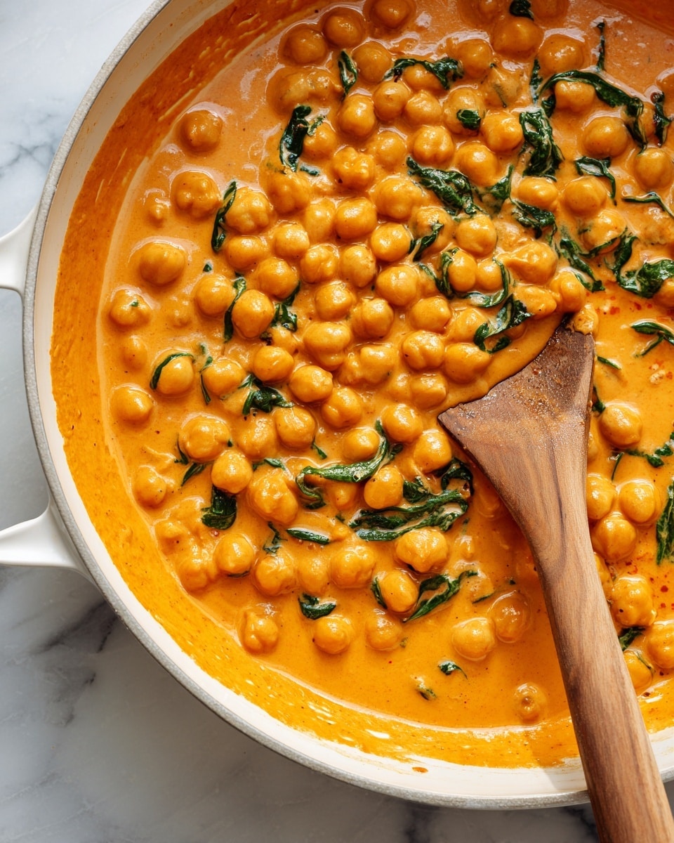 A close-up view of a creamy dish in a white pan, showing a thick orange sauce mixed with small round chickpeas and scattered green leafy herbs throughout. The texture is smooth and rich with visible layers of sauce coated around the chickpeas and bits of green. A wooden spoon rests on the side of the pan, partially covered in the orange sauce. The pan sits on a white marbled surface. photo taken with an iphone --ar 4:5 --v 7