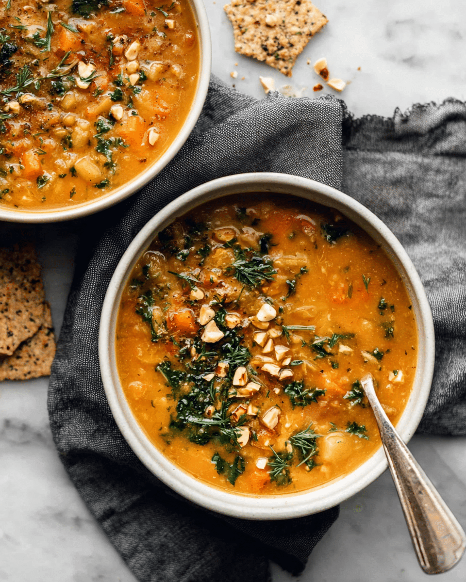 Two white bowls filled with thick orange soup that has visible chunks of vegetables and herbs throughout. The soup has green leafy herbs sprinkled on top along with chopped nuts for texture. One bowl contains a metal spoon resting on the side with soup inside it. The bowls sit on a dark gray cloth placed over a white marbled surface, with a couple of broken pieces of seed crackers scattered nearby. The overall presentation highlights the warm, hearty texture and mixture of colors in the soup. photo taken with an iphone --ar 4:5 --v 7