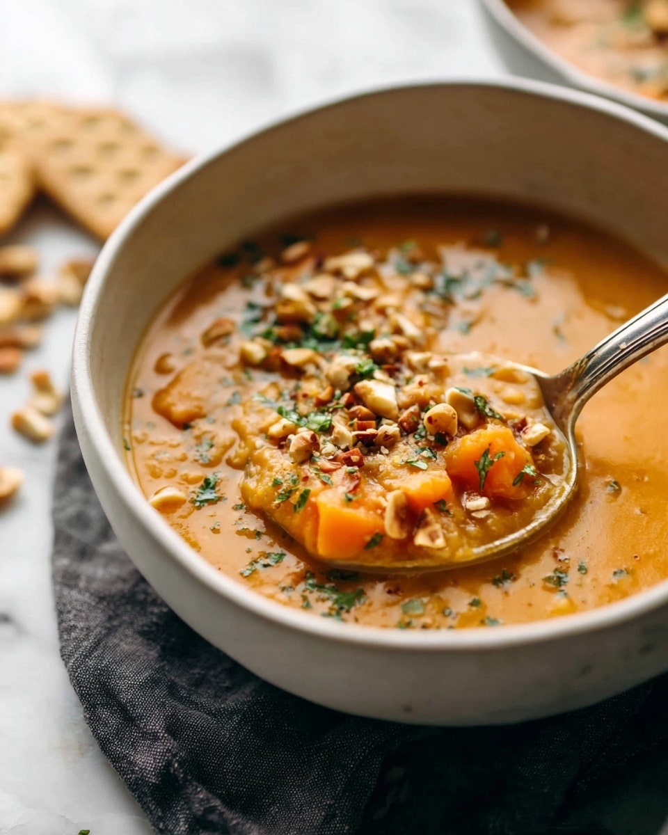 A white bowl filled with a thick soup that has visible chunks of orange sweet potatoes and creamy broth in a light brownish-orange color; the soup is topped with chopped nuts and chopped green herbs, adding texture and color contrast. A silver spoon scoops some soup from the bowl, showing a rich and chunky texture. The bowl rests on a dark gray cloth, and the background is a white marbled texture with some crackers blurred in the background. photo taken with an iphone --ar 4:5 --v 7