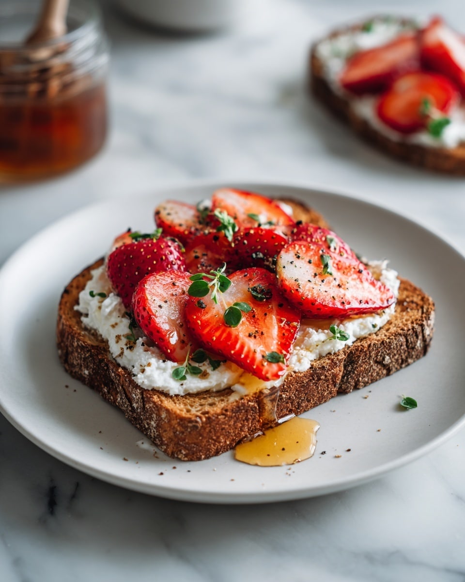 A slice of toasted bread with a rough brown crust forms the base layer on a white plate. The second layer is a spread of soft white cheese, unevenly applied, covering most of the bread's surface. On top of this, five large, bright red strawberry halves are neatly placed in the center. Small dark round seeds and fresh green herb leaves are sprinkled on and around the strawberries. Light golden honey drizzles over the top, adding a shiny, sticky texture, with some honey pooling slightly on the plate. The dish sits on a white marbled surface with parts of a second similar toast and a small jar with sliced strawberries visible around it. photo taken with an iphone --ar 4:5 --v 7