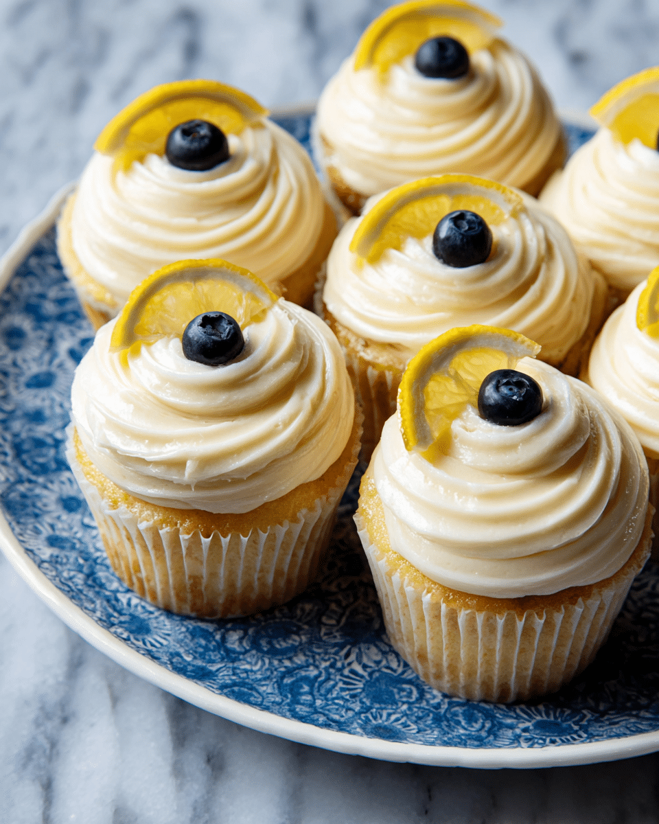 Seven lemon cupcakes arranged tightly on a white plate with a blue pattern. Each cupcake has one visible layer of light golden cake at the bottom. On top, there is a thick swirl of smooth, creamy white frosting piped in circular ridges with a small peak in the center. Each frosting swirl is decorated with a thin wedge of bright yellow lemon placed upright near the edge and a single plump, dark blue blueberry positioned next to the lemon slice. The plate rests on a white marbled surface. photo taken with an iphone --ar 4:5 --v 7