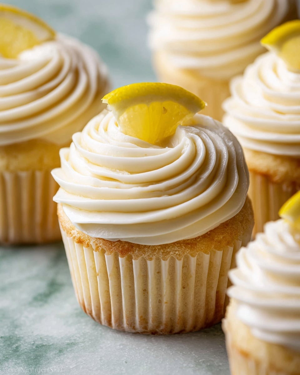 A close-up view of several lemon cupcakes with one cupcake in sharp focus at the center. Each cupcake has one layer of light yellow cake covered with a thick, swirled layer of smooth, creamy white frosting. On top of the frosting, there is a small, thin slice of bright yellow lemon placed near the center swirl. The cupcakes are in beige paper liners and are set on a white marbled textured surface. The lighting is soft, highlighting the smooth texture of the frosting and the juicy look of the lemon slices. photo taken with an iphone --ar 4:5 --v 7