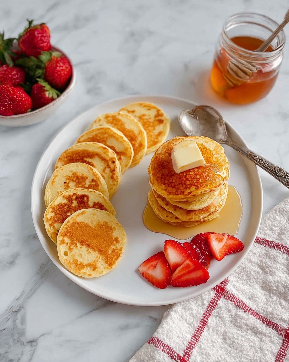 A white plate on a white marbled surface holds a stack of five golden brown pancakes on the right side, topped with a small square of melting butter and drizzled with honey. To the left of the stack is a neat row of six single pancakes, each golden with light and darker patches. At the bottom of the plate, three sliced strawberry pieces form a small cluster. A silver spoon with a decorative handle rests near the pancake stack. Around the plate, fresh whole strawberries and a jar of honey sit on the white marbled surface, with a white cloth featuring red checks placed on the right side. photo taken with an iphone --ar 4:5 --v 7