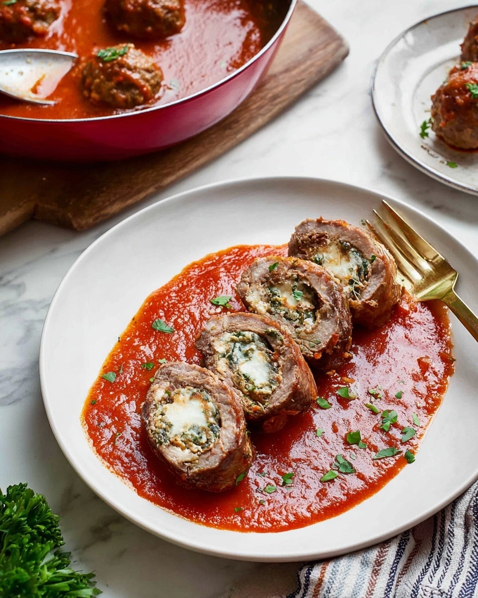 A white plate holds four slices of a rolled meat dish placed in a straight line, each slice showing layers of brown cooked meat with white cheese and green herbs inside. The slices sit on a bright red tomato sauce spread evenly on the plate, sprinkled with small pieces of chopped green herbs. To the right side, a gold-colored fork rests on the plate. In the background, there is a red pan with three meatballs in thick red sauce, and a silver spoon is partly visible inside the pan. The scene is set on a white marbled surface with some green parsley on the left side next to the plate. photo taken with an iphone --ar 4:5 --v 7