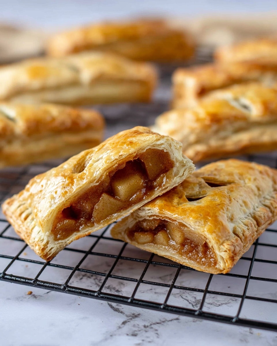 The image shows several golden brown rectangular pastries cooling on a black metal rack placed over a white marbled surface. The front pastry is cut in half, revealing two layers: the flaky, slightly shiny crust on the outside and a thick, chunky filling of soft cooked apples with a shiny cinnamon glaze inside. The pastries behind it have small slits on top, showing glimpses of the filling, and display flaky, slightly puffy layers with a baked, crisp texture. The whole scene has warm, appetizing colors and a soft focus effect on the pastries in the background. Photo taken with an iphone --ar 4:5 --v 7