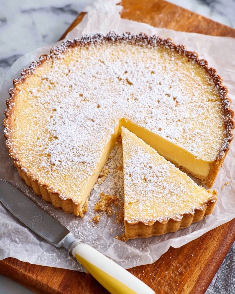 A round tart with a golden brown crust that is scalloped on the edges sits on a piece of white parchment paper on a wooden board with a white marbled texture beneath. The tart has a smooth, pale yellow filling layer visible where a single slice has been cut and slightly moved away from the rest. The top of the tart is covered with a light dusting of powdered sugar, giving it a soft white texture with some darker spots where the sugar is thinner. A knife with a white handle edged in silver and a yellow grip rests next to the tart. Photo taken with an iphone --ar 4:5 --v 7