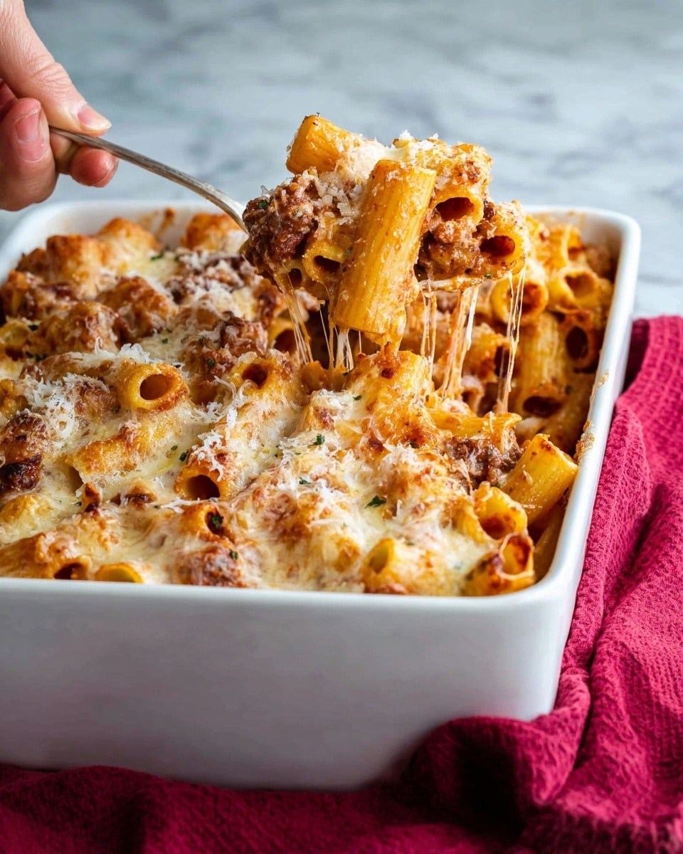 A white rectangular baking dish is filled with baked rigatoni pasta that has three layers. The bottom layer shows rigatoni with a browned, slightly crispy texture, coated in a light layer of tomato sauce. The middle layer has chunks of browned ground meat mixed with melted, stringy mozzarella cheese, visible as a spoon lifts a portion, with cheese stretching in thin strands. The top layer is covered with finely grated parmesan cheese, lightly browned and adding a crispy texture to the golden-baked pasta. The dish is set on a red cloth with a woman's hand holding a fork and scooping pasta from the right side against a white marbled background. photo taken with an iphone --ar 4:5 --v 7