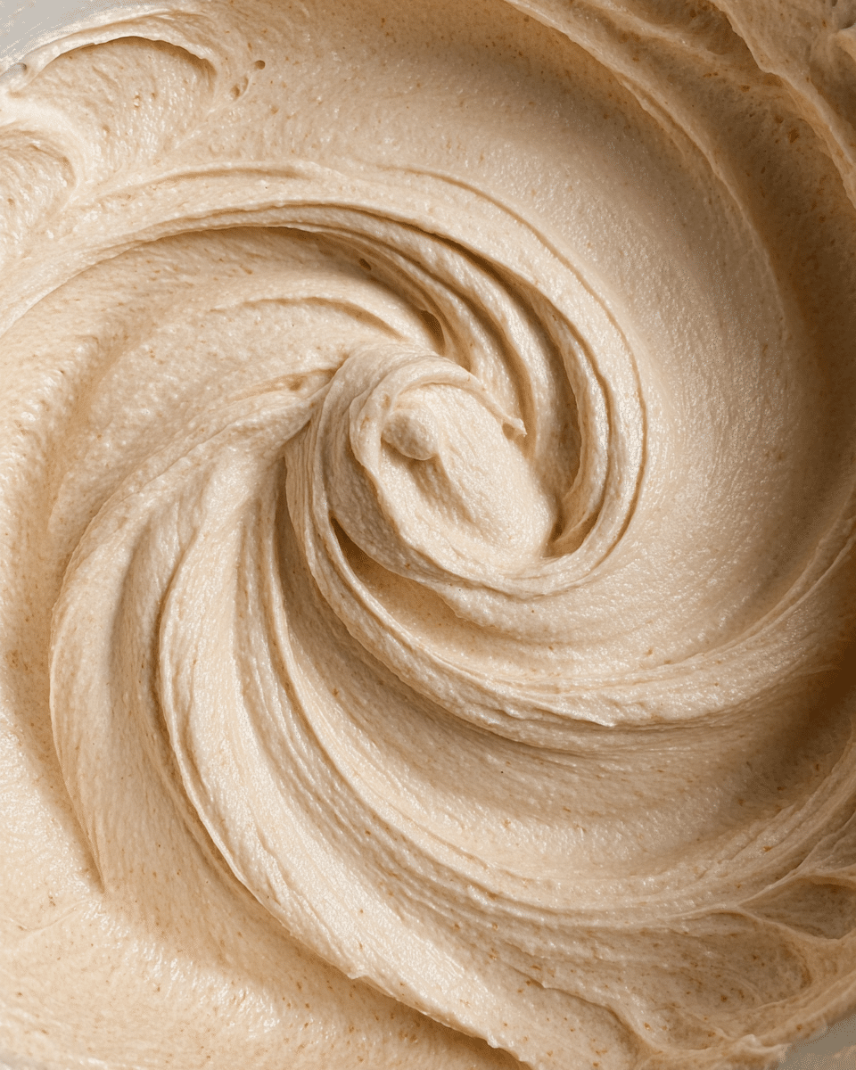 A close-up image showing a smooth, creamy light tan batter with soft swirls and peaks in a white bowl. The texture appears thick and fluffy with subtle ripples and folds creating a wave-like pattern throughout the batter. The batter fills the frame, highlighting its soft, airy consistency against the even light, with a white marbled surface barely visible around the edges. photo taken with an iphone --ar 4:5 --v 7