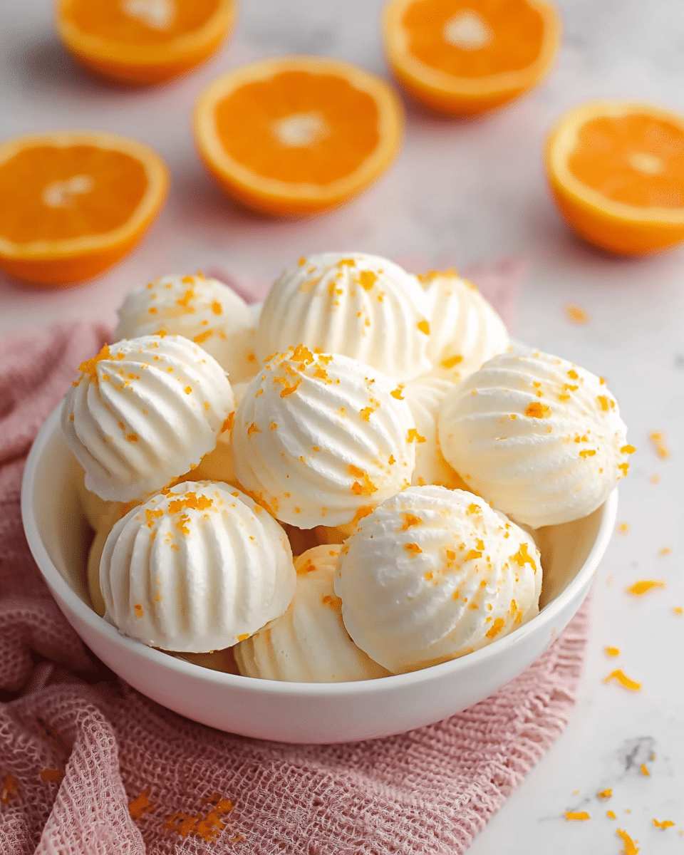 A white bowl filled with about fifteen round, white meringue cookies, each having a ridged texture with parallel lines, and sprinkled with small bits of bright orange zest on top. The bowl sits on a pink textured cloth placed on a white marbled surface. In the background, there are several halves of fresh, bright orange oranges, slightly blurred to keep focus on the bowl and meringues. Some orange zest is scattered around the bowl on the white marbled surface. Photo taken with an iphone --ar 4:5 --v 7