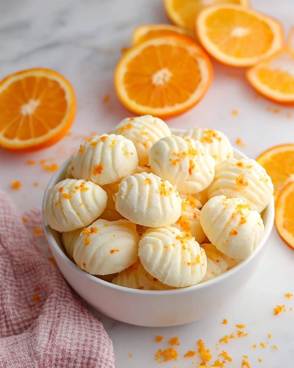 A white bowl filled with round, white, ridged candies or cookies that have small orange zest pieces sprinkled on top, showing a subtle glossy texture. The candies are stacked close together, filling the bowl. Around the bowl, there are slices of fresh bright orange fruit cut in halves and some scattered orange zest on a white marbled surface. A pink and white checkered cloth is partially underneath the bowl on the left side. The overall scene looks fresh and colorful with a soft, natural light. photo taken with an iphone --ar 4:5 --v 7