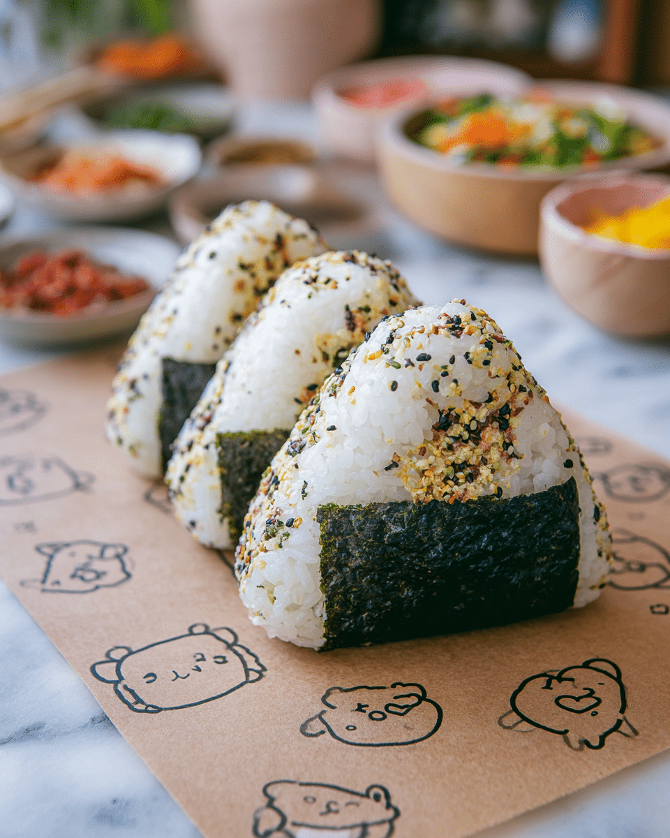 The image shows three triangular rice balls stacked slightly behind each other on a brown paper with cute bear faces and hearts printed on it. Each rice ball has a white rice base with a dark green seaweed strip wrapped around the bottom center. The edges of the rice balls are coated with a mix of sesame seeds and small bits of seaweed and seasoning, giving a mixed texture of white, yellow, black, and green. The background features blurred small bowls of colorful, finely chopped vegetables and seasoning on a white marbled surface. Photo taken with an iphone --ar 4:5 --v 7