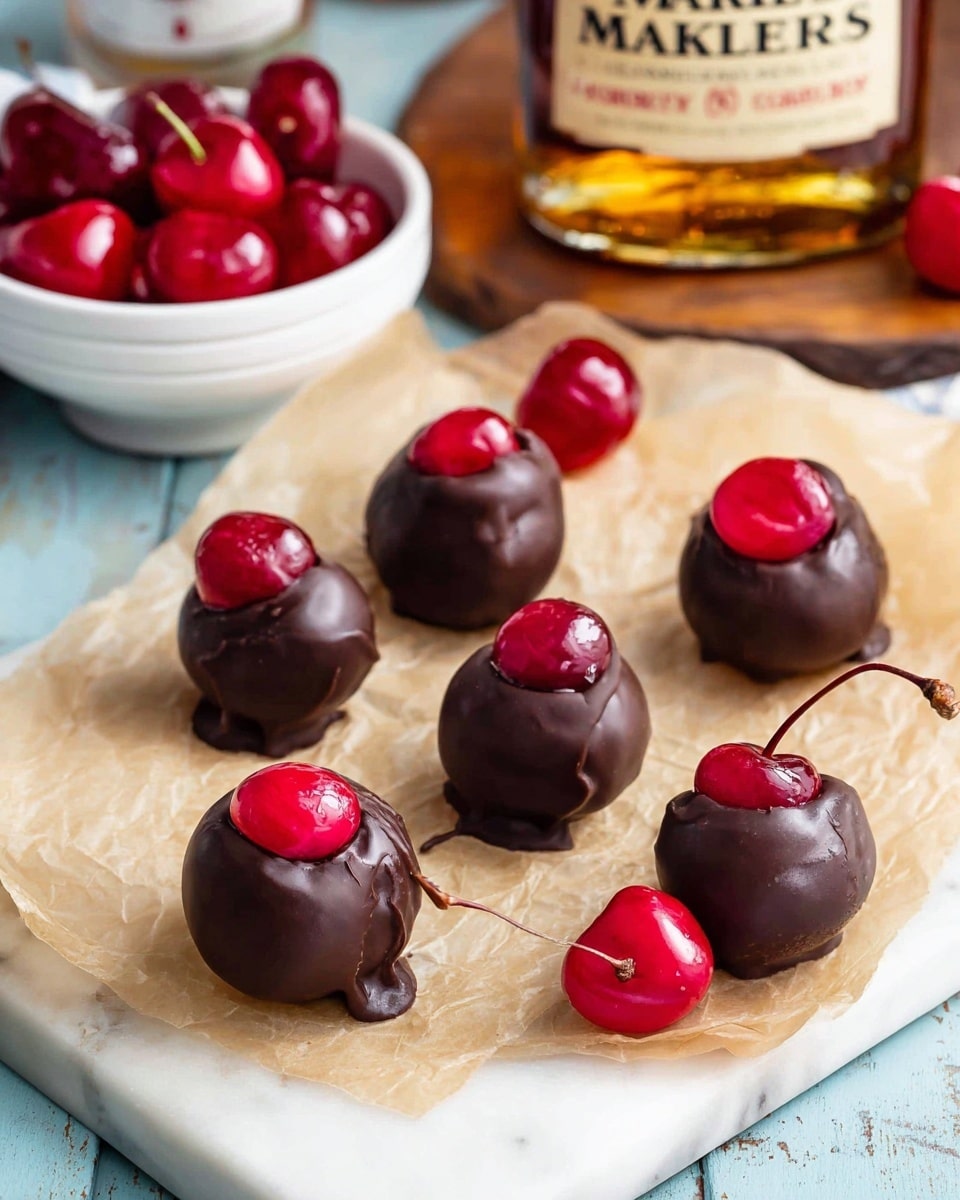 The image shows seven chocolate-covered cherry balls placed on light brown parchment paper on top of a white marbled surface. Each ball has a smooth, shiny dark brown chocolate coating with a glossy red cherry partially embedded on the top center. Two bright red cherries with stems rest beside the balls on the parchment paper. Behind them, there is a small white bowl filled with more shiny red cherries, and a Maker's Mark whiskey bottle with a beige label on a wooden board in the blurred background. The scene is bright, with a soft light highlighting the shiny textures of the chocolate and cherries. photo taken with an iphone --ar 4:5 --v 7